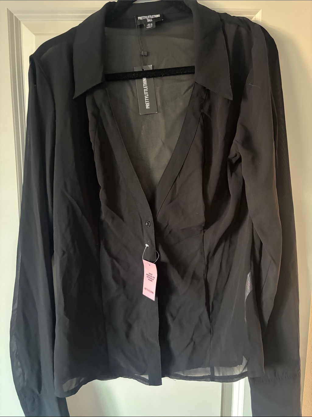 Prettylittlething Black Sheer Button-Up Blouse Size Tall